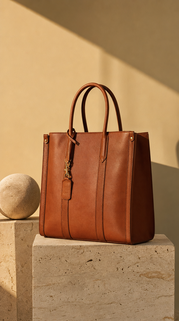 Bag — cognac leather on travertine
